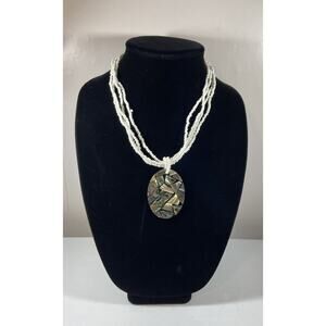 4 Strand White Seed Bead Necklace w Large Oval Abalone Pendant Beach Mermaid